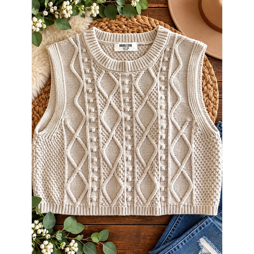 Double Zero Oatmeal Beige Cable Knit Popcorn Bobble Cropped Sweater Vest Large